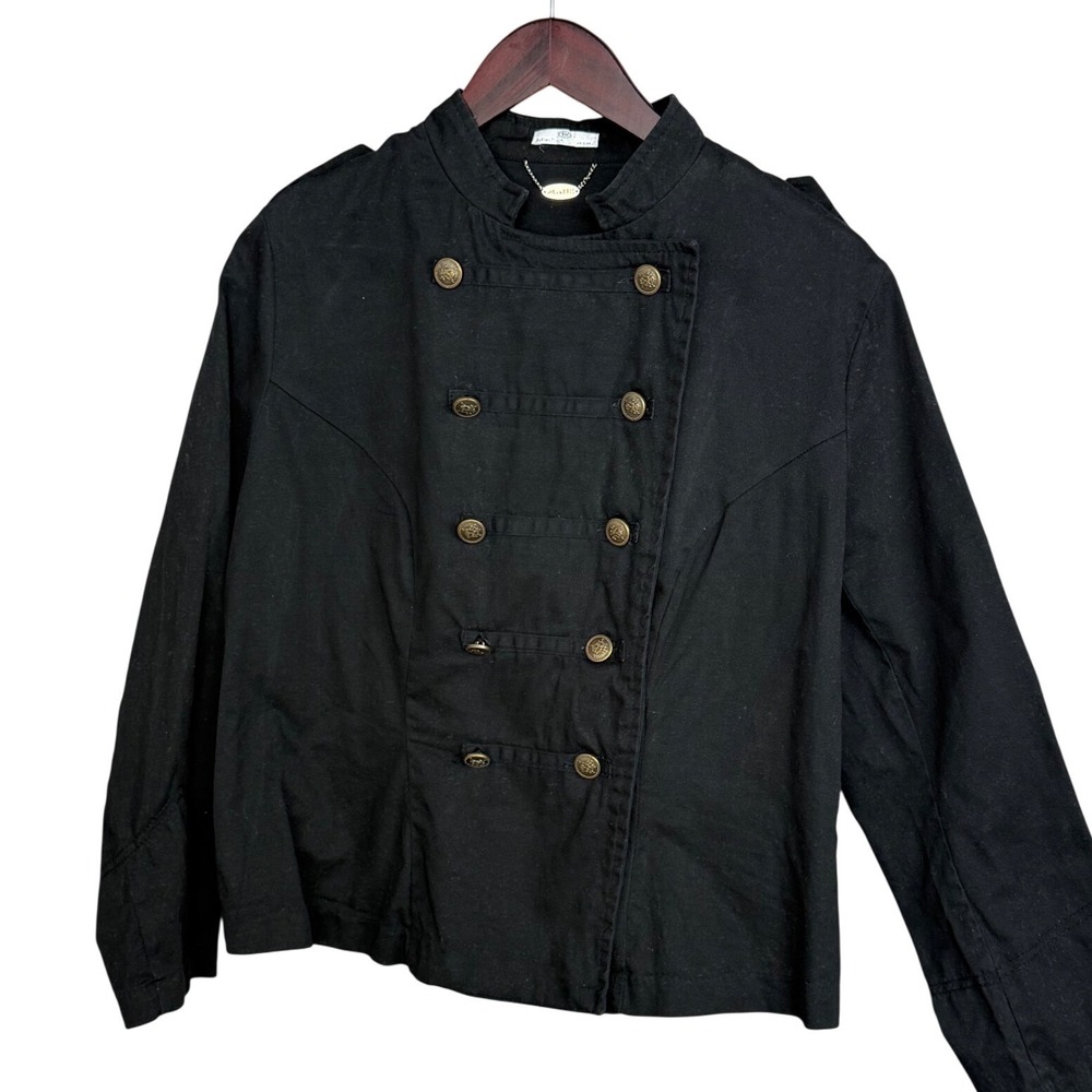 Ali & Kris Military Jacket Womens 1X Black Cotton Double Breasted Brass Button